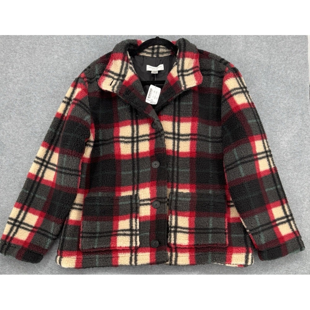 Plaid Sherpa Fleece Jacket‎ Women's Petite P/XL Button Front Cozy Coat NWT